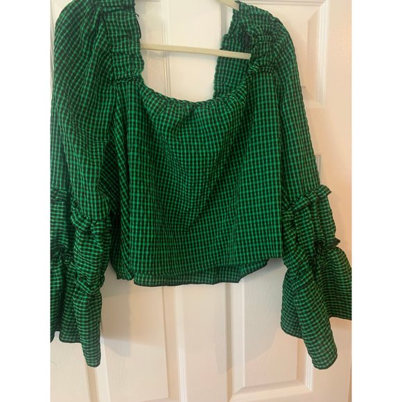 Topshop Green Black Ruffle Sleeve & Ruffle Neck Crop Top 14 - Picture 2 of 5